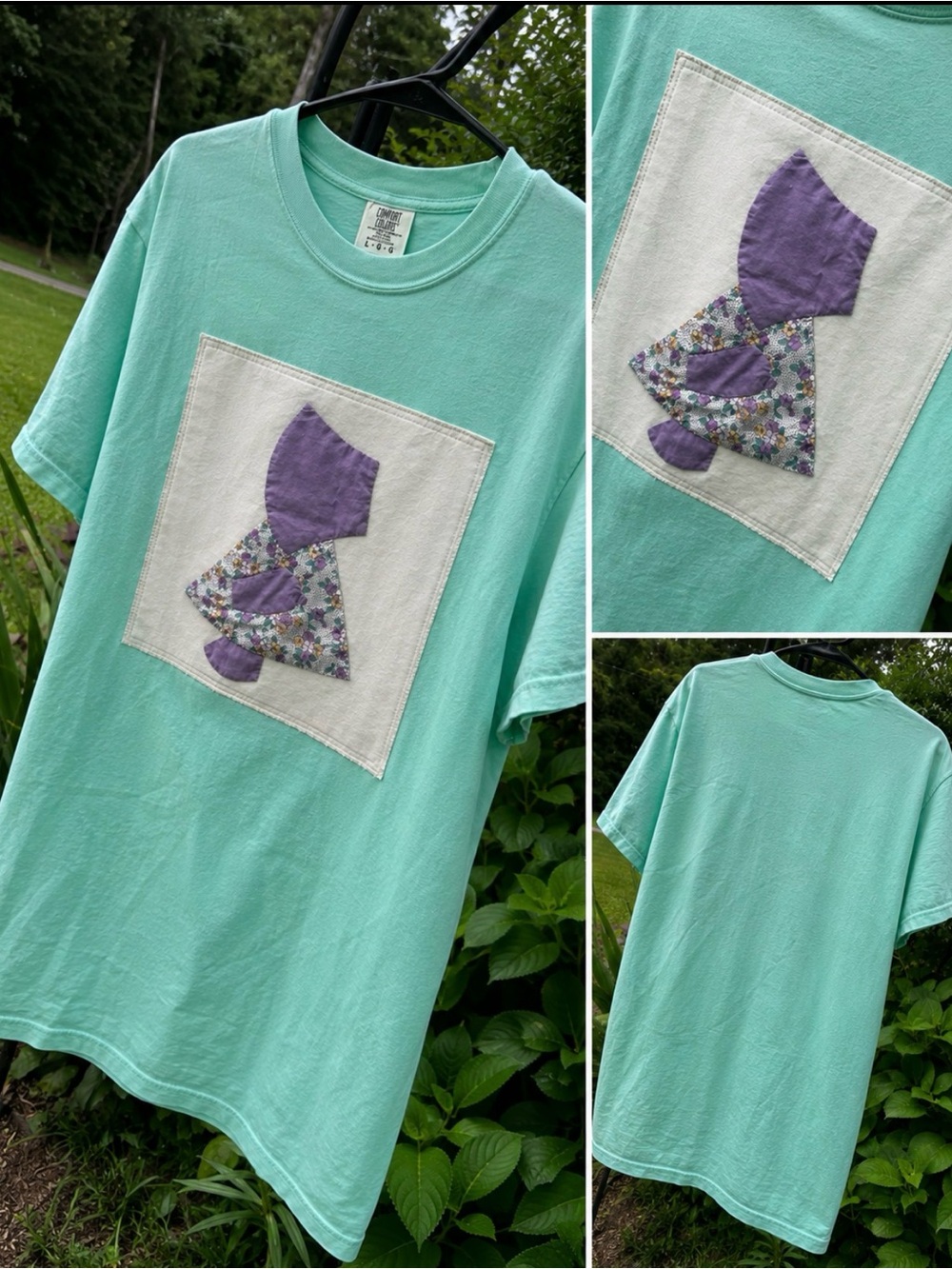 Comfort Color  Mint Green Tee with Purple Vintage Sunbonnet Applique